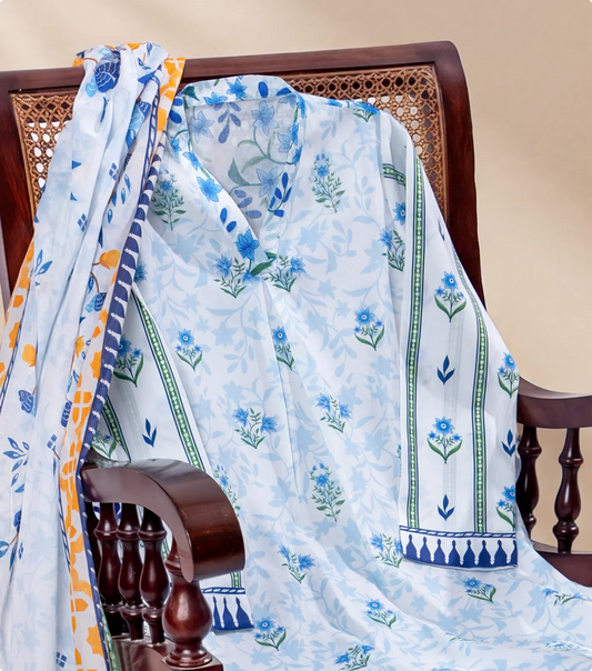 Ivory and blue floral print lawn shirt and sheer dupatta draped over a wooden cane chair