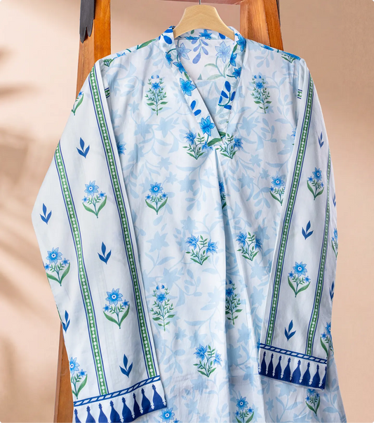 Ivory lawn shirt with blue bluebell floral print and matching printed voile dupatta