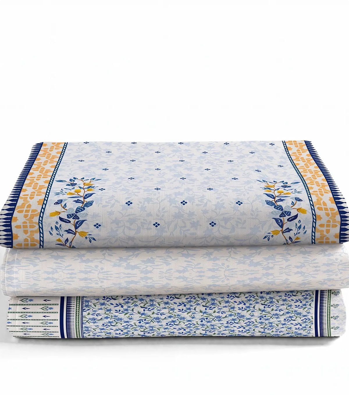 Folded ivory and blue lawn suit pieces stacked with a mustard bordered floral dupatta on top