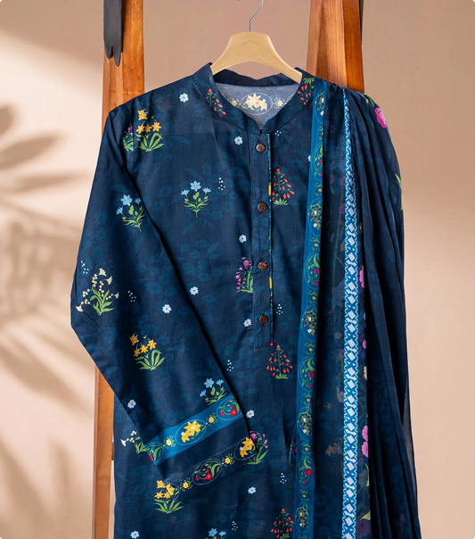 Navy blue lawn shirt with multicoloured wildflower print and sheer floral chiffon dupatta