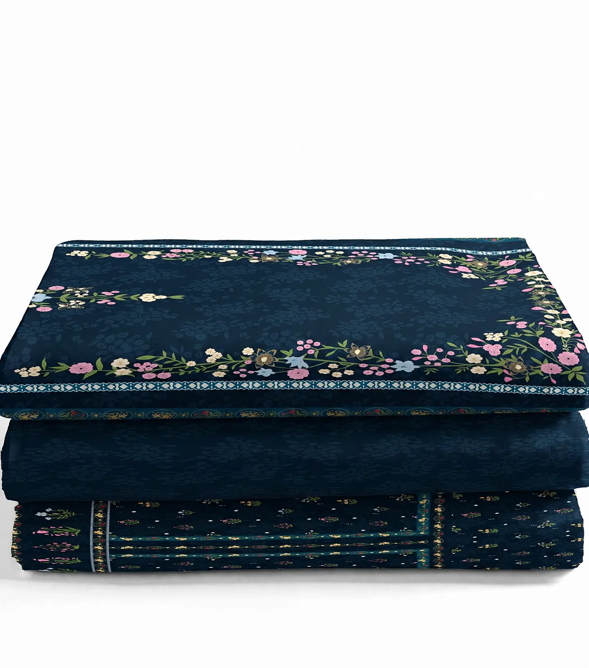 Folded navy blue lawn suit pieces stacked with a wildflower bordered dupatta on top