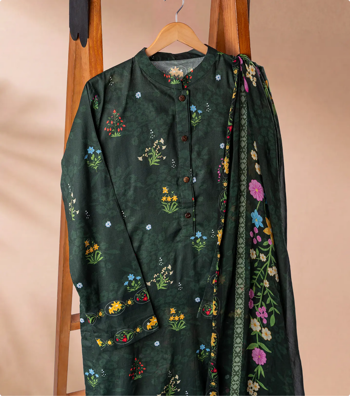 Forest green lawn shirt with multicoloured wildflower print and sheer floral chiffon dupatta
