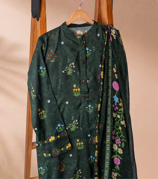 Forest green lawn shirt with multicoloured wildflower print and sheer floral chiffon dupatta