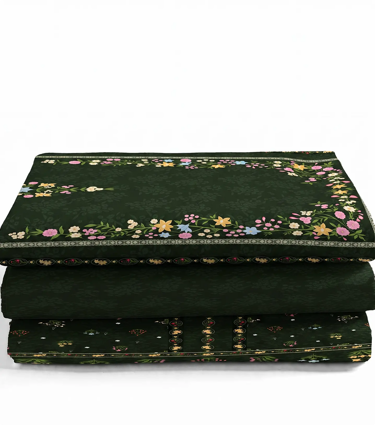Folded forest green lawn suit pieces stacked with a wildflower bordered dupatta on top