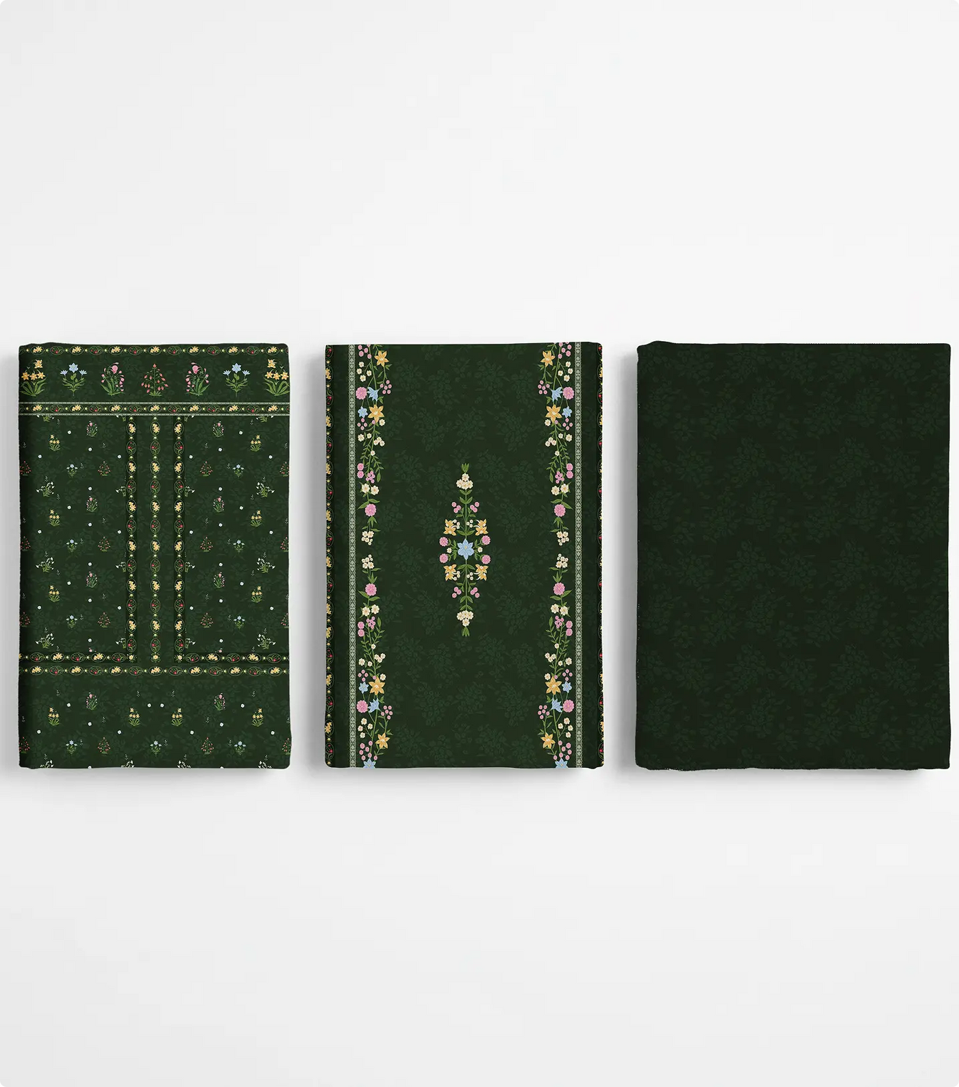Three folded unstitched forest green lawn pieces with wildflower motifs and floral borders