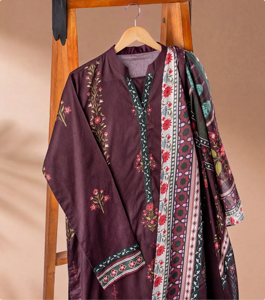 Burgundy lawn shirt with red and green floral print and matching printed dupatta on a wooden hanger