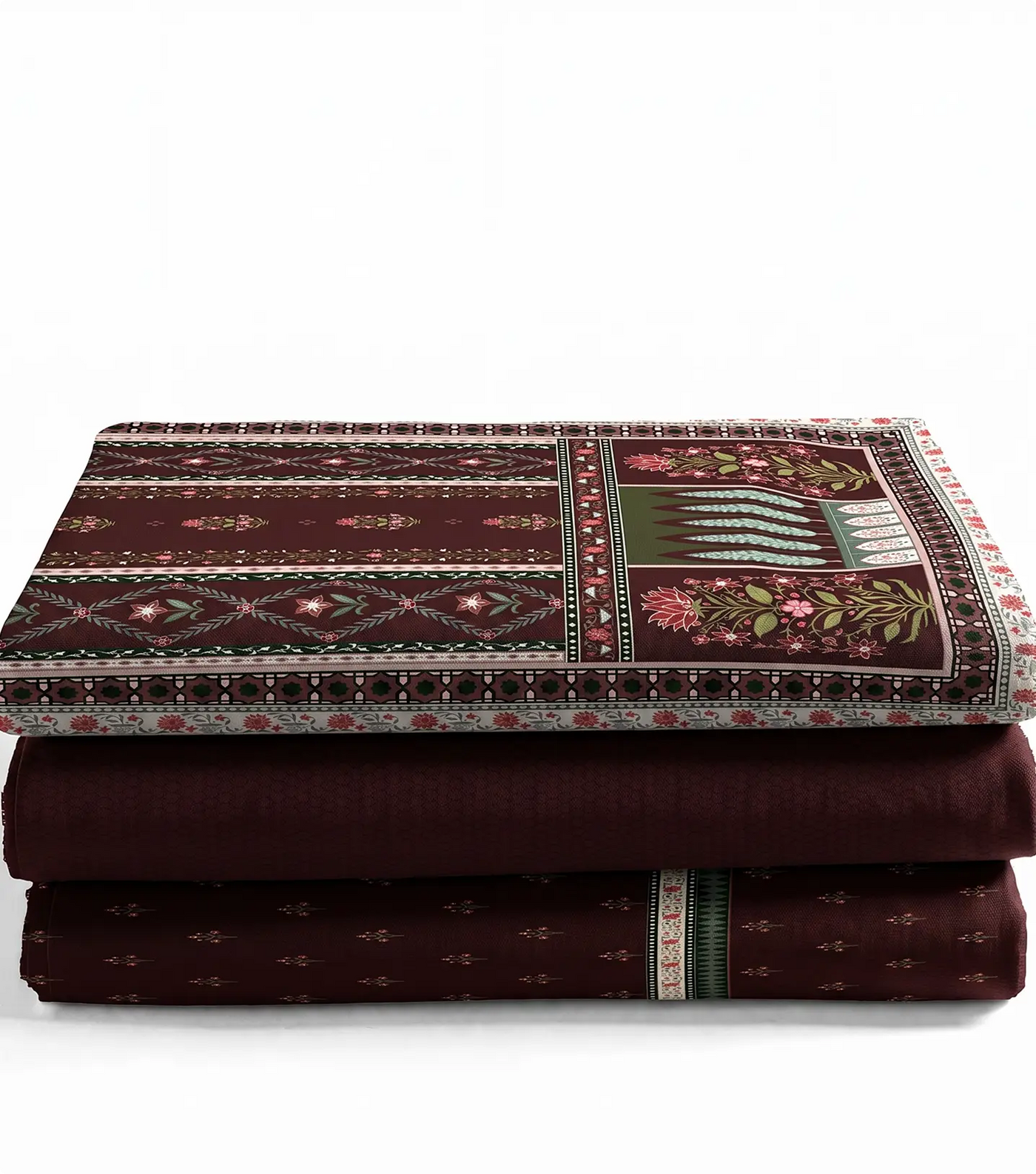 Folded burgundy lawn suit pieces stacked with the ornamental bordered dupatta on top