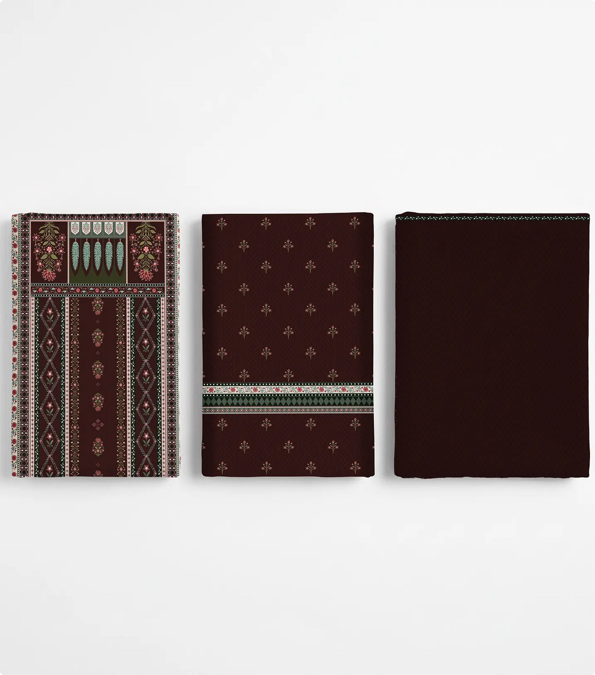 Three folded unstitched burgundy lawn pieces with ornamental borders and small motif prints