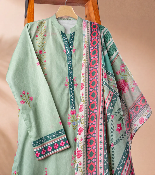 Sage green lawn shirt with pink floral print and matching printed dupatta on a wooden hanger