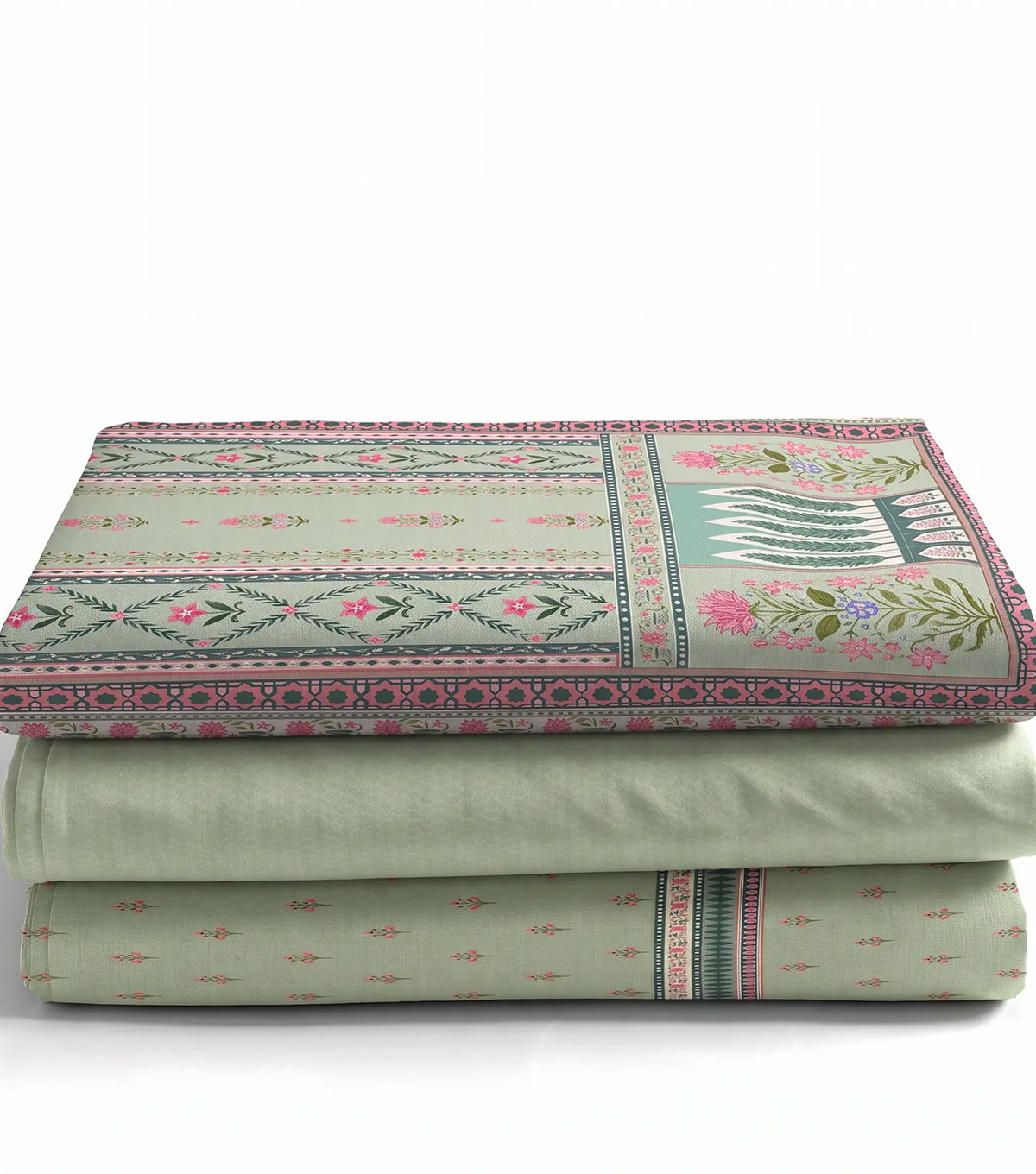 Folded sage green lawn suit pieces stacked with the floral bordered dupatta on top
