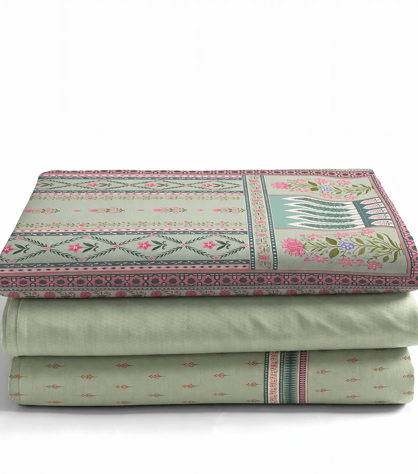 Folded sage green lawn suit pieces stacked with the floral bordered dupatta on top