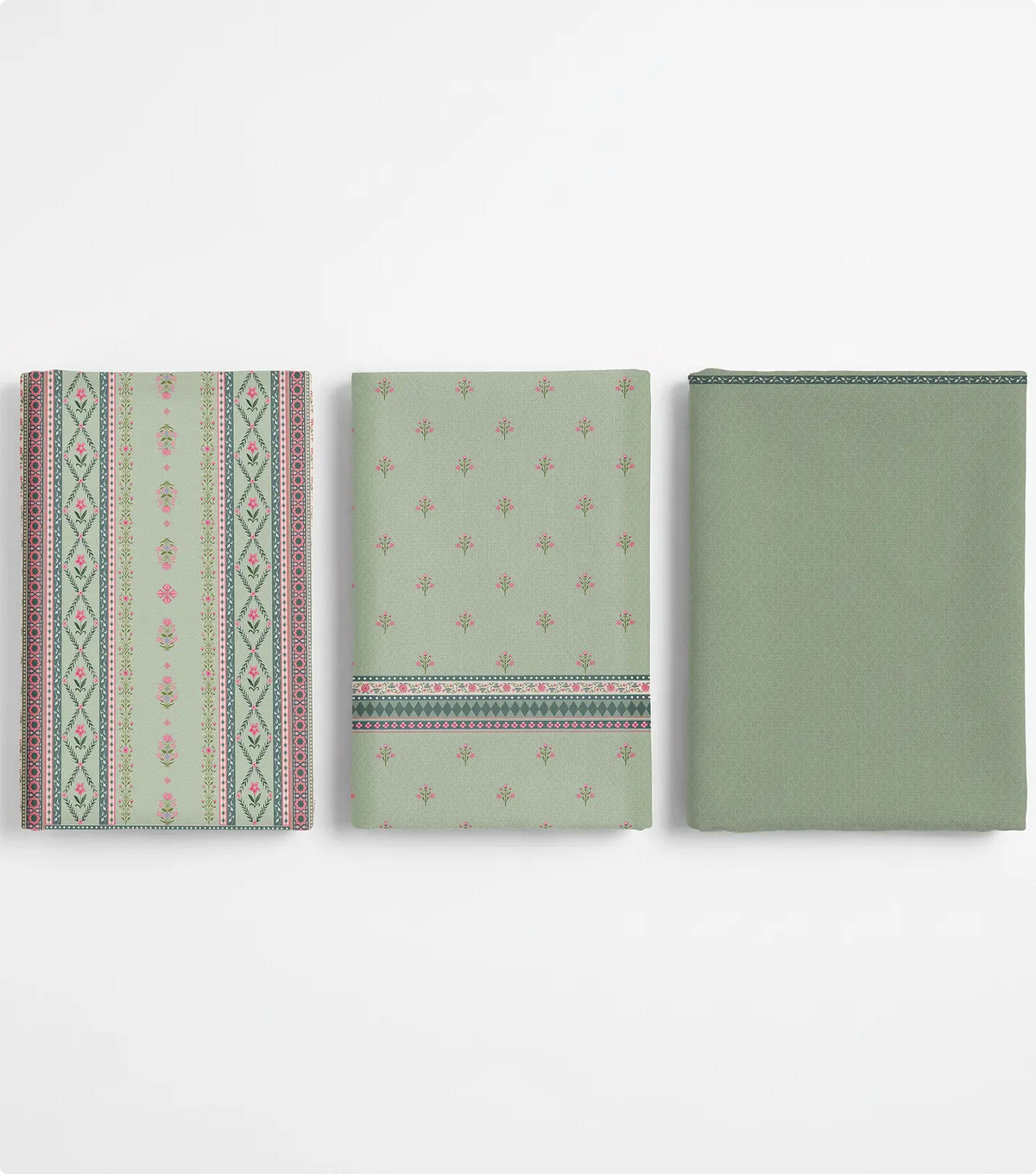 Three folded unstitched sage green lawn pieces with floral borders and small motif prints